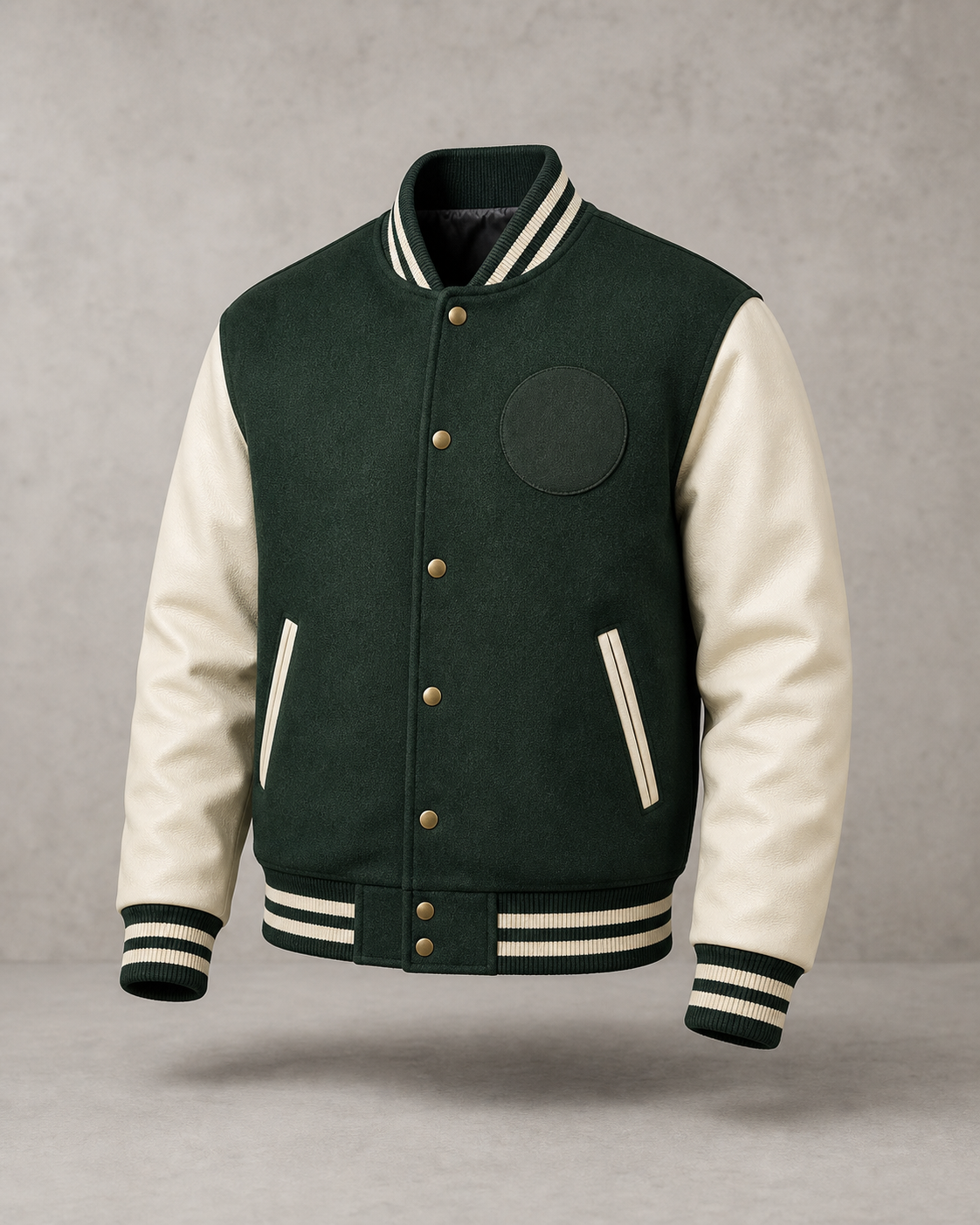 Forest green and ivory non-leather varsity jacket